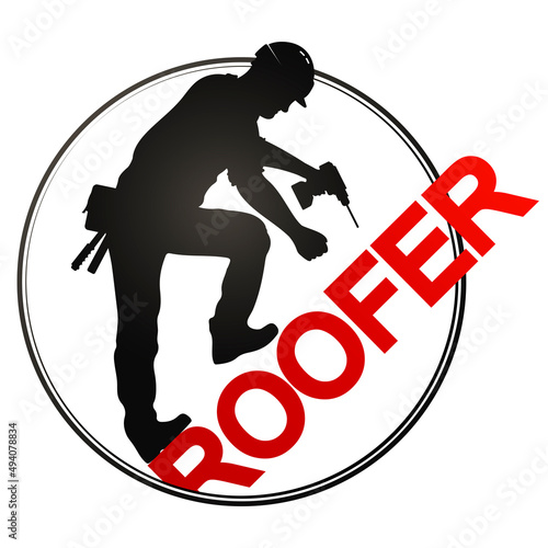Roofer with tools on the roof. Symbol for roofing repairs