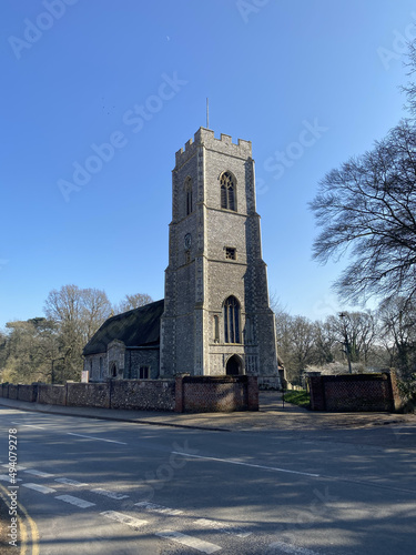 Vertical shot of the famous Coltishall Church in England, UK photo