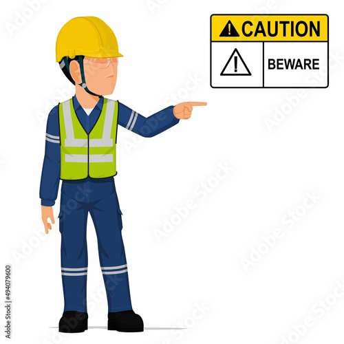 An industrial worker is pointing on white background