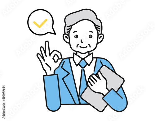 OKサインのポーズをする年配の男性　白背景にベクターの人物イラスト　ビジネスパーソン　確認・審査・点検