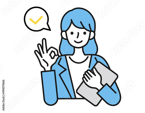 OKサインのポーズをする女性　白背景にベクターの人物イラスト　ビジネスパーソン　確認・審査・点検