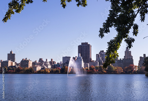 Central Park's lagoon with the New York's skyline in the background