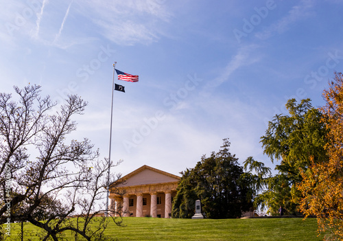 Building and USA flag at the Arlington National Cemetery  photo