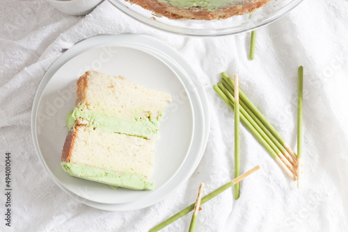 Top view of a matcha pocky stick cake photo