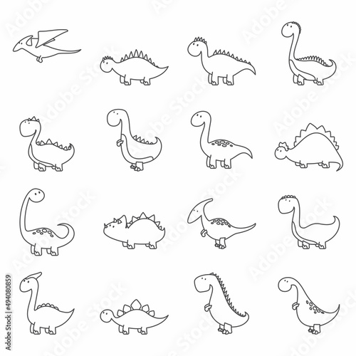 Dinosaur set with 16 silhouettes of reptiles. Vector illustration outlined funny dinosaurs  isolated on white background.