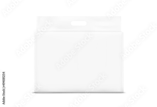 Wide stand bag with handle mockup. Vector illustration isolated on white background. Ready for your design. Suite for the presentation of diaper, wet wipes, foods, household, etc. EPS10.	