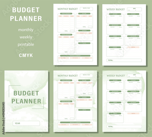 Vector green printable monthly and weekly budget planners, CMYK.