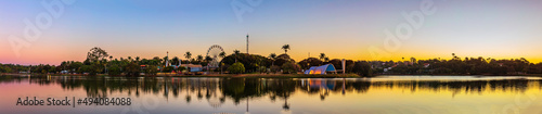 Late afternoon at the Pampulha lagoon, overlooking the little church and the park. Tourist spot in Belo Horizonte, Minas Gerais, recognized as a world heritage site by UNESCO.