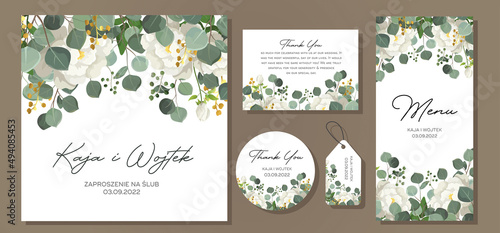 Wedding Invitation, menu, label,  envelope. Floral design green watercolor eucalyptus leaves, foliage greenery decorative print. Vector elegant cute rustic. © Nessa