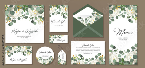 Wedding Invitation, menu, label,  envelope. Floral design green watercolor eucalyptus leaves, foliage greenery decorative print. Vector elegant cute rustic. © Nessa
