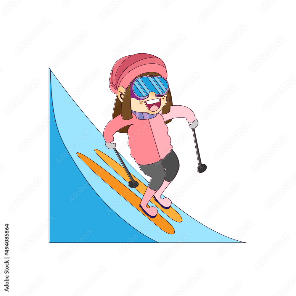 Isolated girl ski kids rain winter weather vector illustarion