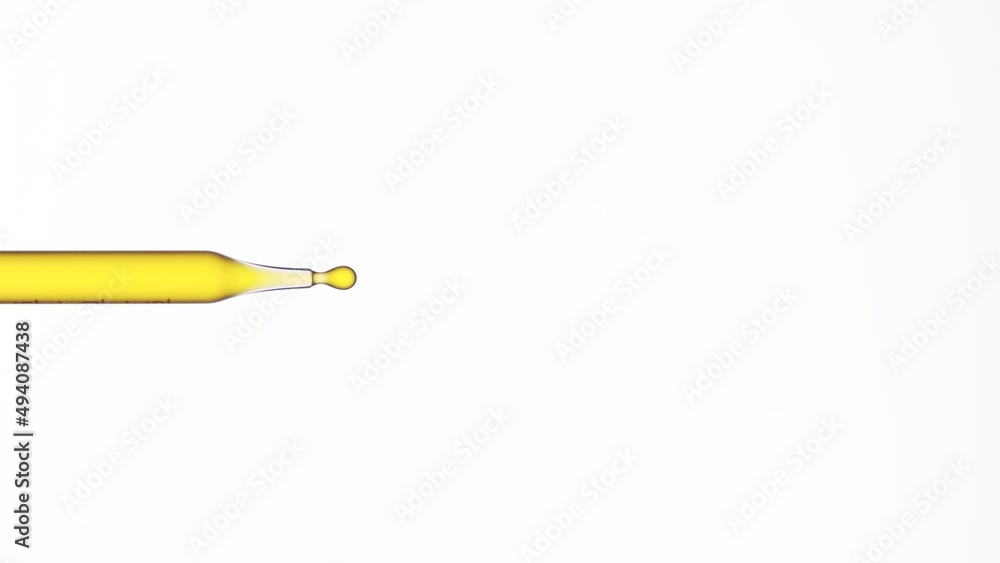 Macro shot of yellow drop is dripping from lab dropper on white background | Abstract body care lotion ingredients formulation concept Macro shot of yellow drop is dripping from lab dropper on white background | Abstract body care lotion ingredients formulation concept