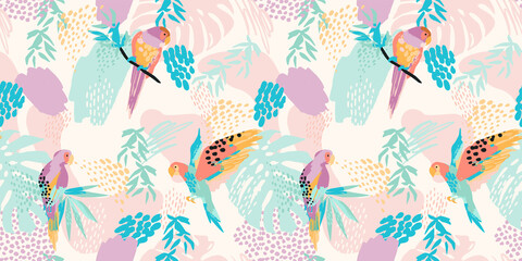 Gardinen Tiermuster Abstract art seamless pattern with parrots and tropical leaves. Modern exotic design  © Nadia Grapes