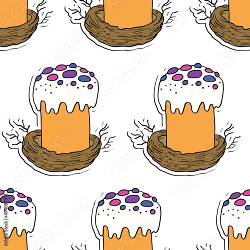 Seamless pattern with Easter cake on white background. Hand drawn Happy Easter symbol. Design for card, postcard, wallpaper, poster, fabric, textile. Holiday sweet food. Doodle style