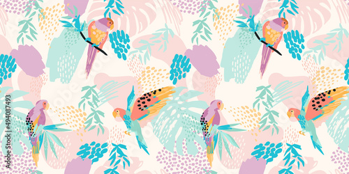 Abstract art seamless pattern with parrots and tropical leaves. Modern exotic design