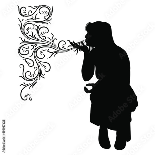 Seated silhouetted woman breathing ornate smoke swirls. The witch conjuring magic spell. Black and white silhouette. Creative concept.