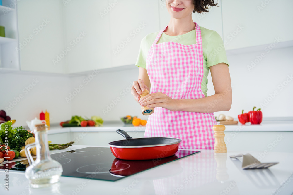 Cropped portrait of positive person frying prepare meal hold spices shaker morning kitchen room indoors