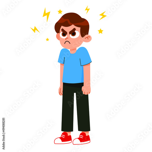 Vector illustration of a very angry boy standing in a pose, arms crossed, with a disgruntled look on his face. aggressive children 