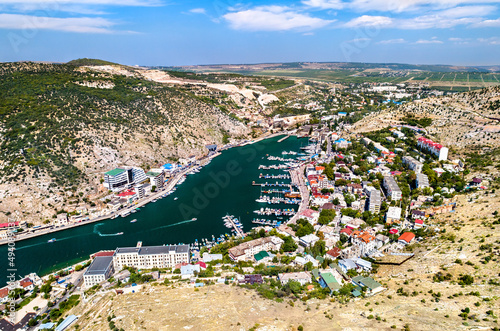 Aerial view of Balaklava Bay in the Black Sea near Sevastopol, Crimea. Ukrainian territory annexed by Russia