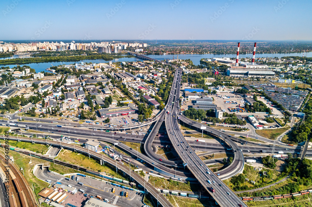 Aerial view of a road and railway interchange Vydubychi in Kyiv, Ukraine before the war with Russia