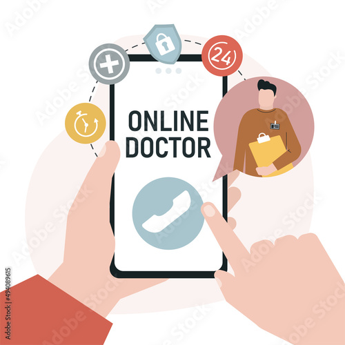 Virtual doctor on phone. Person calling physician to get online diagnosis and prescription. Mobile video call. Patient consultation to male doctor via smartphone photo