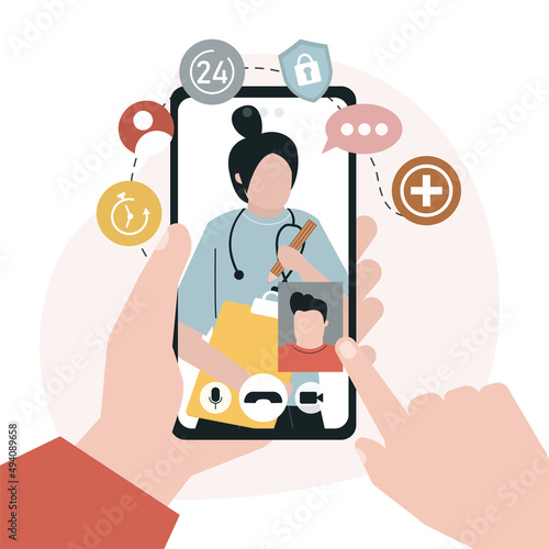 Virtual doctor on phone. Man calling physician to get online diagnosis and prescription. Guy video call doctor. Patient consultation to doctor via smartphone