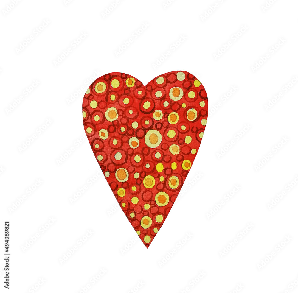 A red heart with a pattern of circles. Watercolor illustration.