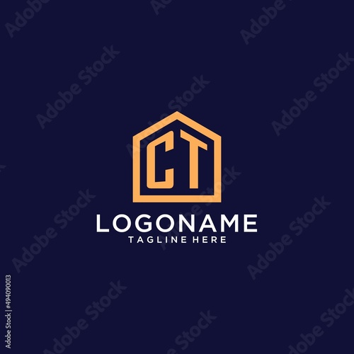 Initial CT logo with abstract home shape, modern minimalist realty logo design ideas