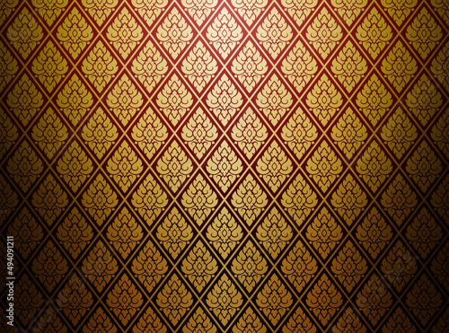 Damask-style Thai art pattern background. Luxurious golden diamond-shaped square. Vector illustration.