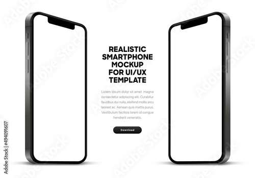 3d high quality vector smartphone mockups. Ultra realistic mobile device UI UX mockup for presentation template. 3d isometric phone with different angles views. Cellphone frame with fillable field.