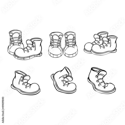 Set shoes. Flat design. Ankle and mid boots, sneakers, loafers, moccasins illustrations