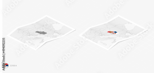 Set of two realistic map of Serbia with shadow. The flag and map of Serbia in isometric style.