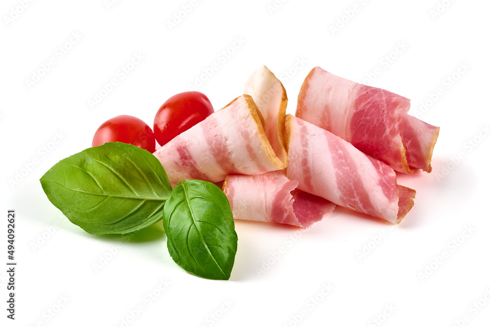 Bacon slices, pork brisket, isolated on white background. Bacon slices, pork brisket, isolated on white background.