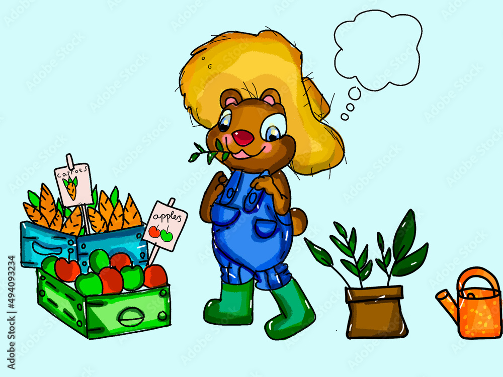 Fototapeta premium A funny gopher farmer offers his harvest. he grew apples and carrots.The farmer is dressed in a yellow hat, blue overalls, and green boots. The picture is done in bright colors