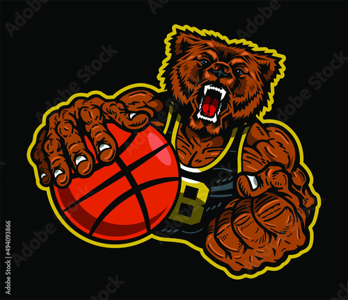 angry bear mascot holding a basketball for school, college or league