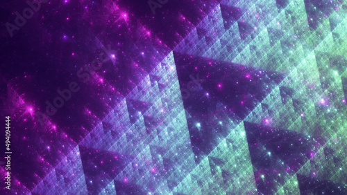 Sierpinski triangle fractal explosion in space. Mathematics self similar recursive concept. An abstract 3D rendering background.