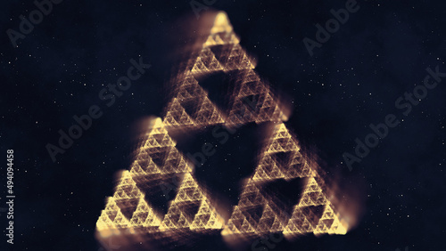 Sierpinski triangle fractal flame in space. Mathematics self similar recursive concept. An abstract 3D rendering background. photo