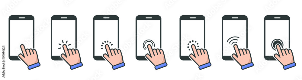 Set of hand touch screen smartphone icons, click. Hand click, press touch screen. Vector illustration Set of hand touch screen smartphone icons, click. Hand click, press touch screen. Vector illustration