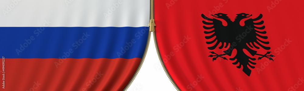 Fototapeta premium Russia and Albania cooperation or conflict, flags and closing or opening zipper between them. Conceptual 3D rendering