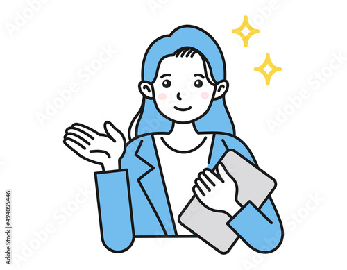 案内・説明をする女性　ビジネスパーソン　白背景にベクターの人物イラスト
