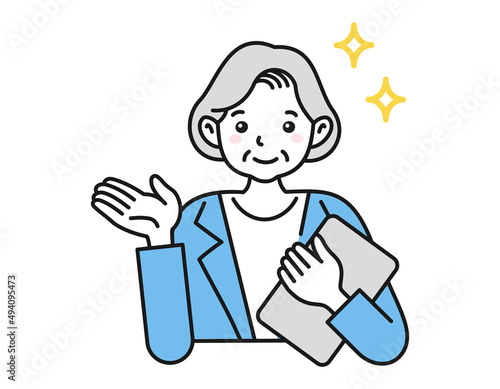 案内・説明をする年配の女性　ビジネスパーソン　白背景にベクターの人物イラスト