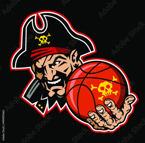 pirate captain mascot holding basketball for school, college or league