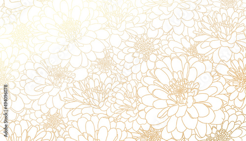 Golden chrysanthemum flowers in hand drawn line art on white background. Decorative print for wallpapers, wrappings, wedding invitations, greetings, backdrops.
