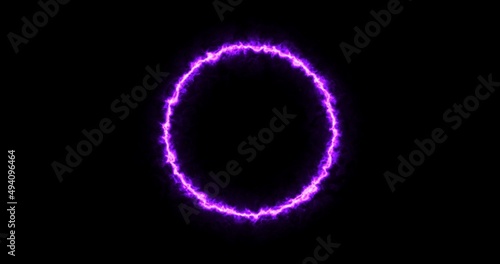 purple, lilac ring of lightning, energy neon a black background. 3d image Abstract energy circle with lightning discharges. Gradually, a yellow ring appeared and a constant glow in the circle.