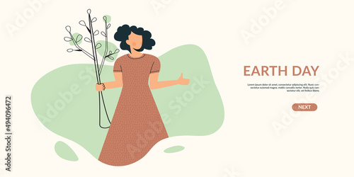 Earth day and green ecology volunteer community vector illustration for landing page or banner. Woman with plant save environment and care about nature. Template for eco card, voluntary project