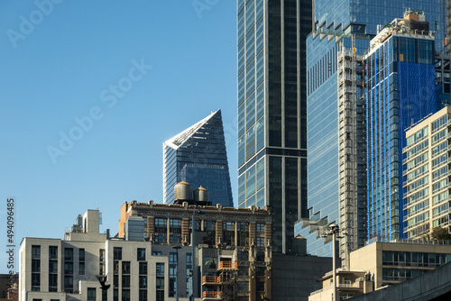 Skyscrapers against blue sky in New York City 