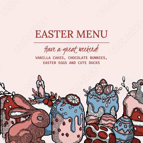 Rustic Easter menu as vector image with Russian Traditional Easter Cake Kulich and Colored Eggs with Patterns. Border in Etched Engraving Style. Boho and Retro Style for Recipe Book, Menu, Delivery