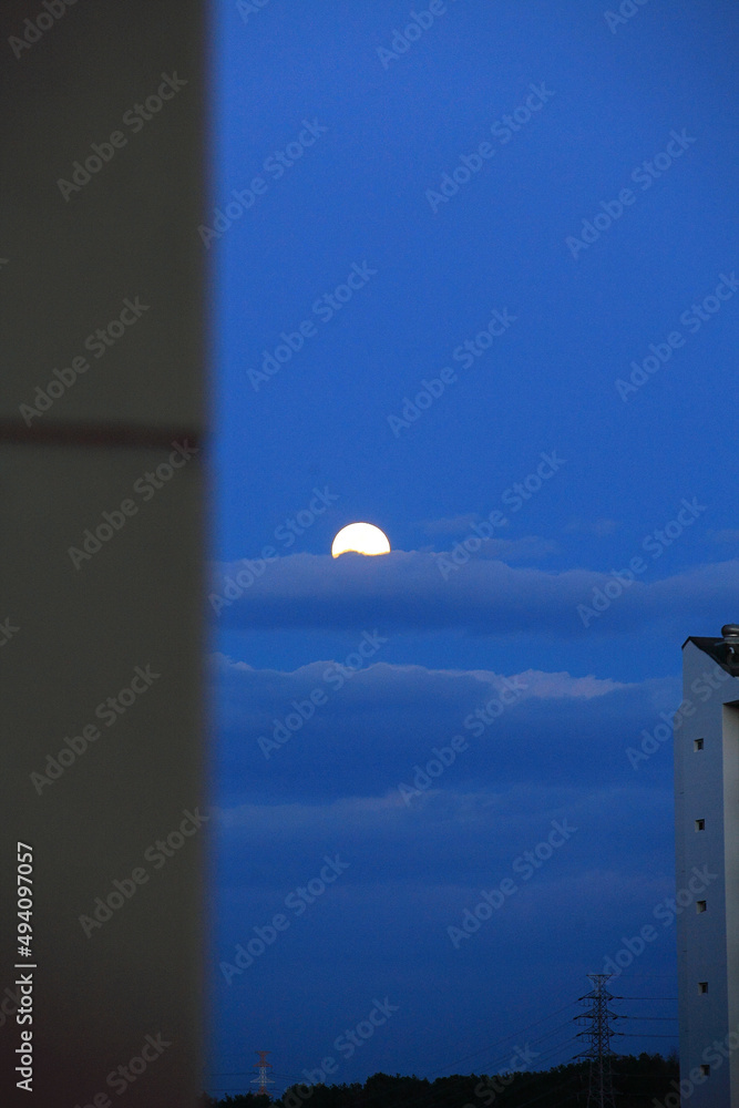 아파트 사이로 보이는 저녁의 보름달