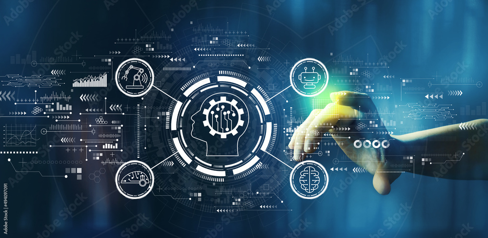 Future technology concept with hand pressing a button on a technology screen Future technology concept with hand pressing a button on a technology screen