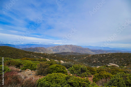 View of the Santa Rosa Mountains from the Sunrise Highway, a road that runs through the Laguna Mountains east of San Diego, California, USA. Sparse alpine vegetation.